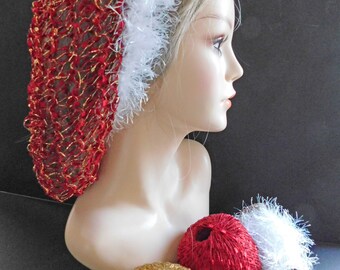 Red Gold Sequin SANTA SNOOD Net Hair Head Cover . Cotton . Long Hair .  Metallic Gold . Faux Fur Trim  Exclusive