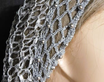 Silver Beaded White Hair Net Snood Head Cover | Fits Most | Double Stranded | Adjustable Elastic | Silver sequins | Exclusive Pattern USA