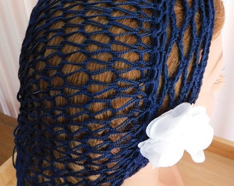 SALE  !!  Navy BLUE Hair net Snood Head Covering . Fits Most . Double Stranded . Exclusive Pattern  USA