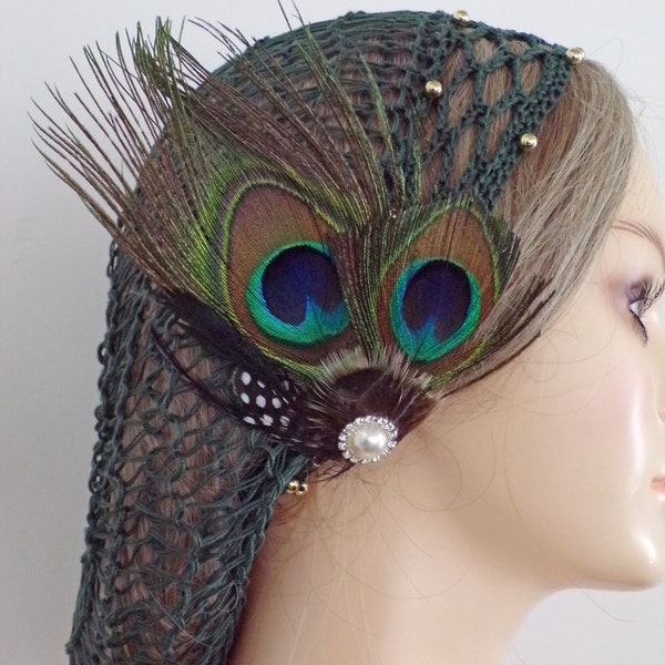 Exclusive Forest Green Double Stranded Gold BEADED Hair Net Snood . Fits Most . Cotton . Pattern . Removable Peacock Clip Included .  USA