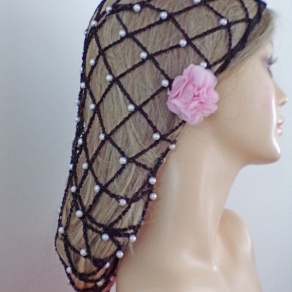 BLACK  PEARL Fitted . Hair Snood Net Head Cover . Adjustable .  Stretchy Fits Most . Soft Permanent Pearls . Layers Well . Undernet Option