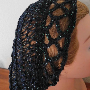 SALE !! Black Green Hair Net Snood Head Covering . Sparkly  Metallic Threads . Fits Most .  Double Stranded Cotton . Exclusive Pattern .