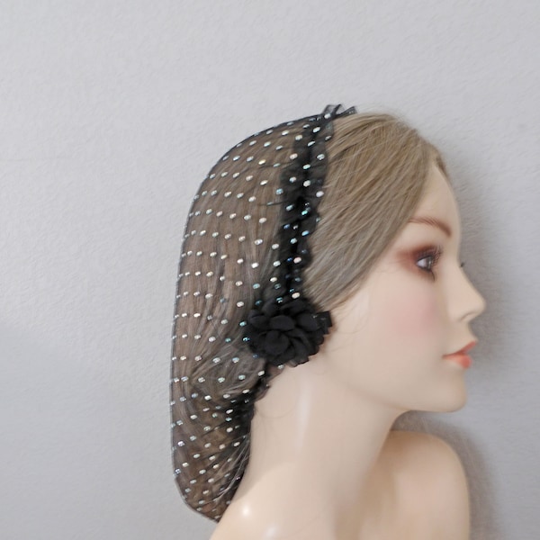 Black Rhinestone Hair Net Snood Head Covering  . Fitted . Adjustable . Fits Most . Gorgeous! Soft . Real Looking Rhinestones