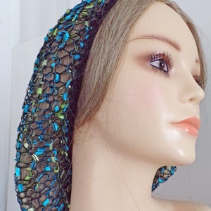 EXCLUSIVE Ladder Yarn Shiny Blues/Greens Fits Most . Lacy Fitted Snood Hair Head Net Covering . Layering . Fun and Unique . Made USA . image 1