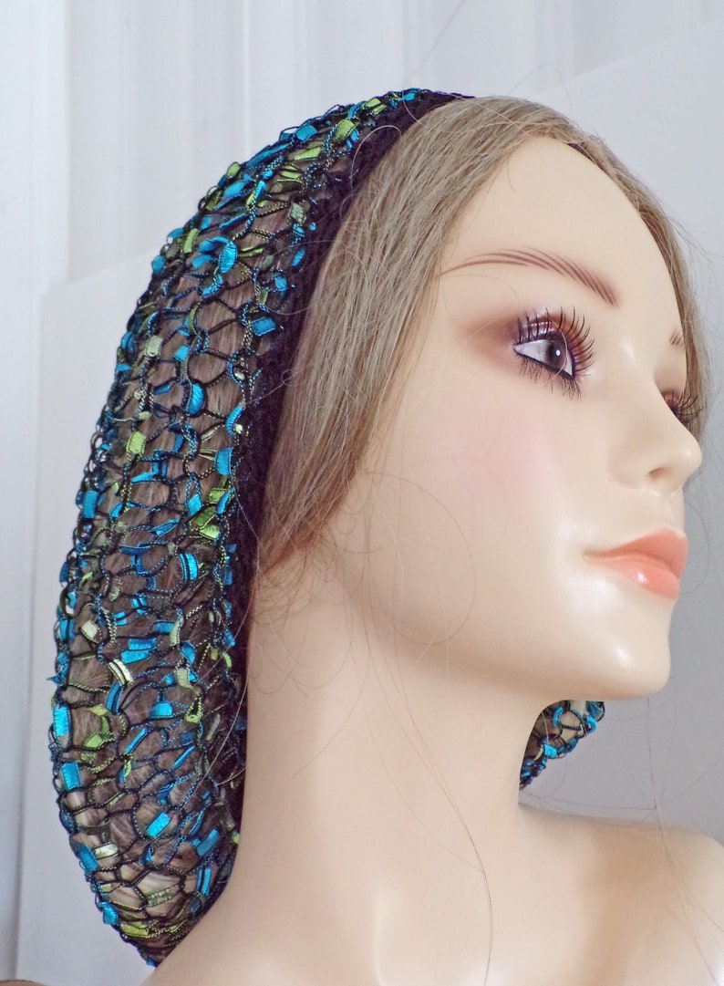 EXCLUSIVE Ladder Yarn Shiny Blues/Greens Fits Most . Lacy Fitted Snood Hair Head Net Covering . Layering . Fun and Unique . Made USA . image 1