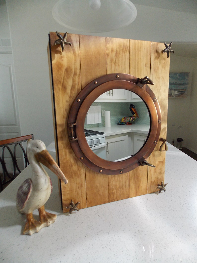 Porthole Mirror Cabinet Wood Solid Brass 12 Wall Mount Stained Opens 4 Starfish Hooks Exclusive