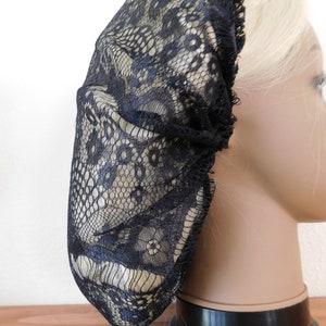 Fitted BLACK CHANTILLY Lace Fashion Hair Snood  . Fits Most . Adjustable  Head Cover  . Lacy Glam!  Year Round. Soft .
