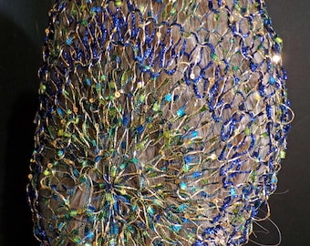 EXCLUSIVE Sparkly Hair Net Snood Head Cover . Fits Most . Adjustable Elastic Gold & Sequin Beaded . Blues+Greens . Handmade Lace .  Made USA