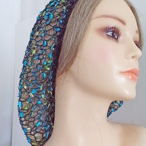 EXCLUSIVE Ladder Yarn Shiny Blues/Greens Fits Most . Lacy Fitted Snood Hair Head Net Covering . Layering . Fun and Unique . Made USA . image 3