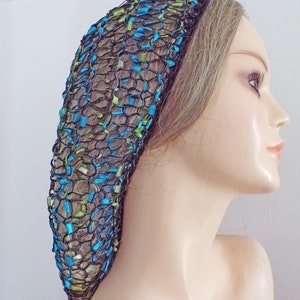 EXCLUSIVE Ladder Yarn Shiny Blues/Greens Fits Most . Lacy Fitted Snood Hair Head Net Covering . Layering . Fun and Unique . Made USA . image 4