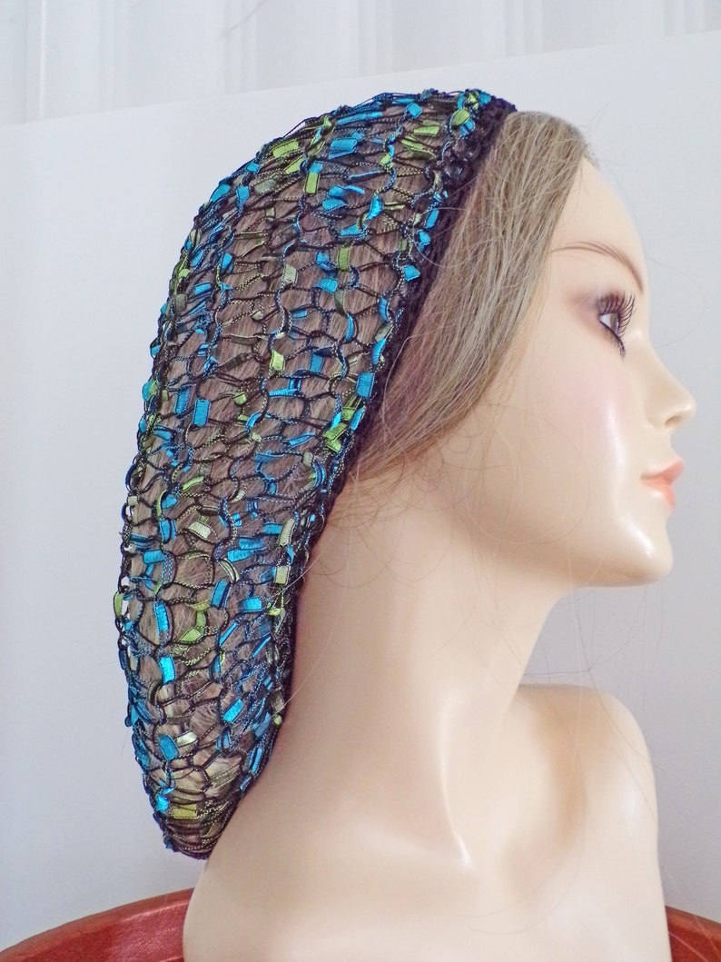 EXCLUSIVE Ladder Yarn Shiny Blues/Greens Fits Most . Lacy Fitted Snood Hair Head Net Covering . Layering . Fun and Unique . Made USA . image 4
