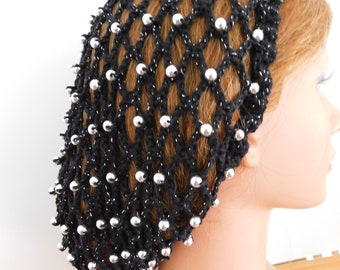 Black Sparkly Silver Snood Hair Net Hed Cover . Fits Most . Handmade Crochet . Locked  Pearls . Fits Most . Vintage Retro  Boho Renaissance