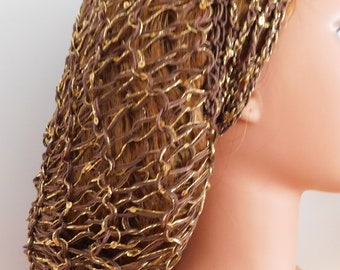 BROWN GOLD Snood Hair Net Head Covering . Lacy . Fits Most . Double Stranded . Soft Sequins  Glam! . Sparkles . Exclusive Pattern .