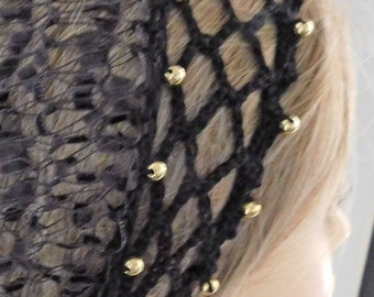 EXCLUSIVE Black Neutral Snood Net Head Cover . Handmade Lace . Fits Most . Faux Gold Beads .  Adjustable  Elastic . Exclusive Pattern | USA