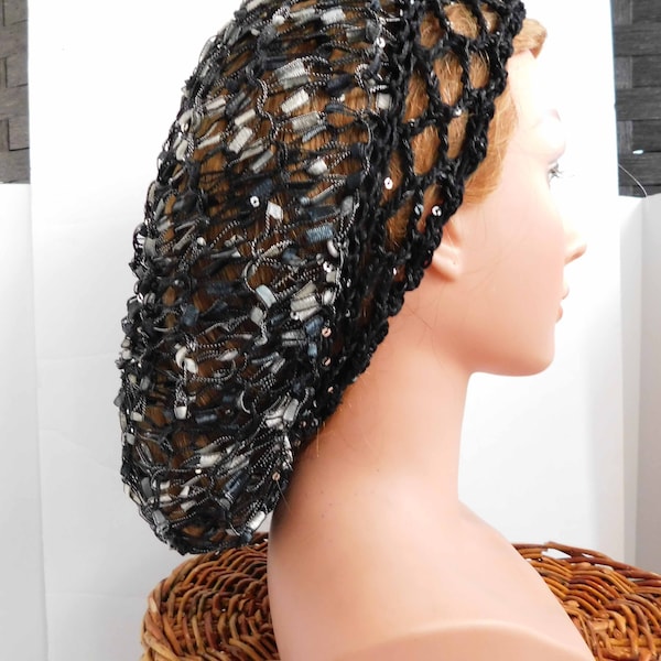 BLACK SEQUIN Sparkly Hair Snood Net Head Covering . Fits Most . Neutral Grays Whites Creams  . Accent Specialty  Unique Exclusive Pattern