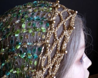 Sparkly Greens Snood Hair Net Cover | Fits Most | Gold Beads | Boho Handmade Lace | Festival l Boho Accent | Adjustable Elastic | Made USA