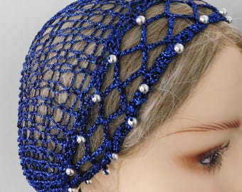 Exclusive Blue Metallic Sparkly Snood Hair Net Head Cover | Fits Most | Silver Beads | Adjustable Elastic | Pattern USA