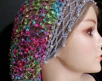 EXCLUSIVE Snood Hair Net Cover . Fits Most . Boho Vintage . 1940s .  Prized Ladder Yarn . Faux Pearls . Silver Metallic Headband . Made USA