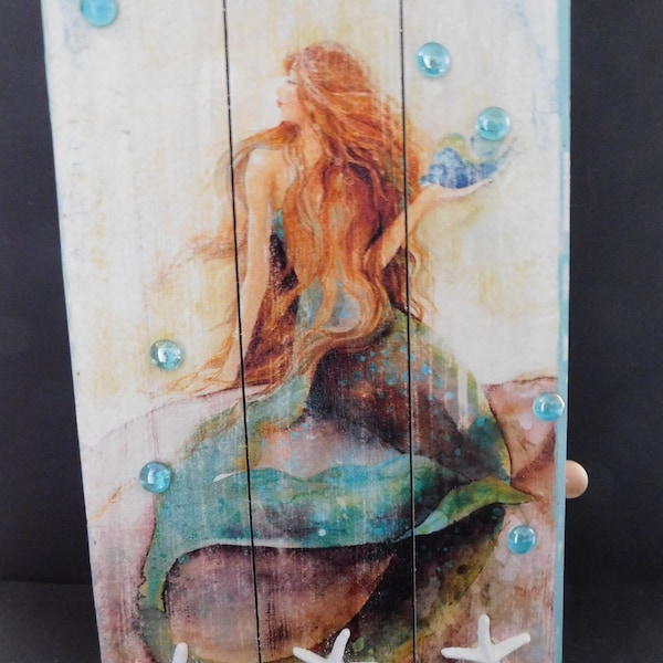 MERMAID Accent Picture Wood Cabinet . Coastal  . Medicine . Kitchen . Bath . Removable Shelves . Exclusive