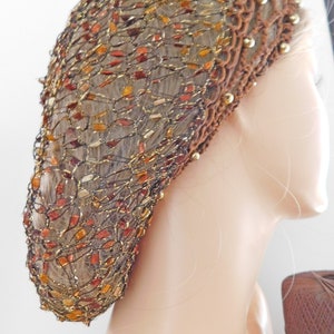 Gold Metallic Snood Net Head Covering . Adjustable . Fits Most . Warm Browns Beige Gold + Gold Beads . Handmade Lace . Exclusive Pattern USA