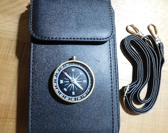 Neutral Black Crossbody Phone PURSE WALLET COMPASS . Lightweight . Phones under 6.5" Faux Vegan Leather . 5x7.5". Shoulder Drop 29.59""