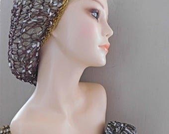 SALE!  Neutral | Handmade Lace Snood Head Cover | Fits Most | Wide Gold Metallic Band Sequins | Lots of Glitzy sparkles | Gift for Her | USA