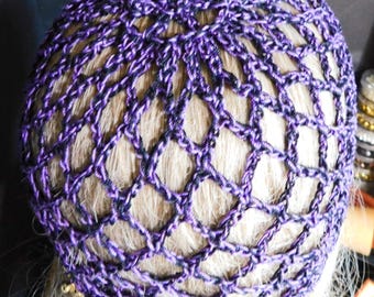 Purple Beaded Summer Fashion Beanie | Faux Gold Beads | Hair control | Cotton | Handmade Crocheted Lace | Adjustable Elastic | Made USA