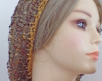Gold Metallic Warm Browns Beige Gold + Wide Sequin Band . Fitted LACY Hair Snood Head Covering .  Fits Most . STUNNING!!! USA Exclusive .