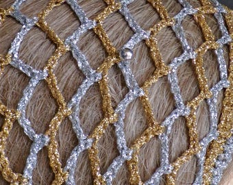 EXCLUSIVE! Gold Silver Snood Net Head Cover. Fits Most . Unique . Authentic Metallic Yarn with Faux Silver+ Gold Beads . Adjustable Made USA