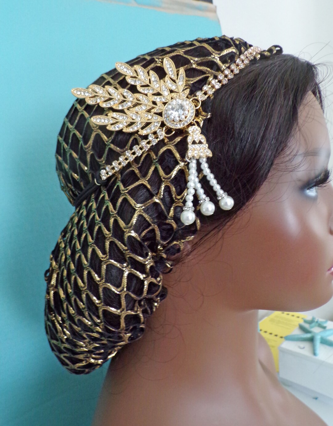Exclusive GOLD METALLIC Hair Snood Net . Fits Most . Glam Glam . Soft . Removable Rhinestone