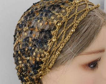 EXCLUSIVE . Sparkly Black Gold Snood Hair Net Head Cover . Faux Gold Beads . Handmade Lace . Adjustable Elastic . Stunningly Dramatic .  USA