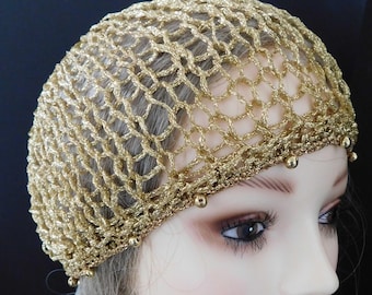 Pearl Beaded Gold Sequin Beanie Skull Hat . Neutral Fits  display picture 1