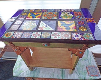 Local Pick Up Oceanside Ca OOAK Wood End Table Talavera Tiles Side Coffee Table Mexican Folk Art . 2 Tier  24.5"Wx13"Dx22"H Exclusive