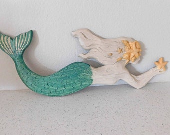 Large COASTAL Hanging Resin Mermaid . Wood Look . Free Craft Teacher Chat for Embellishing .  Office Bath  Living Room Kitchen .