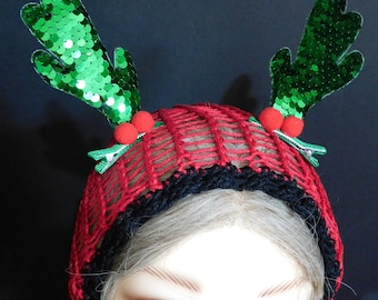 Christmas Antler Head Net Cover | Sequin Antlers, Adjustable Elastic Headband | 100% Cotton | Handmade Lace Net | Made USA