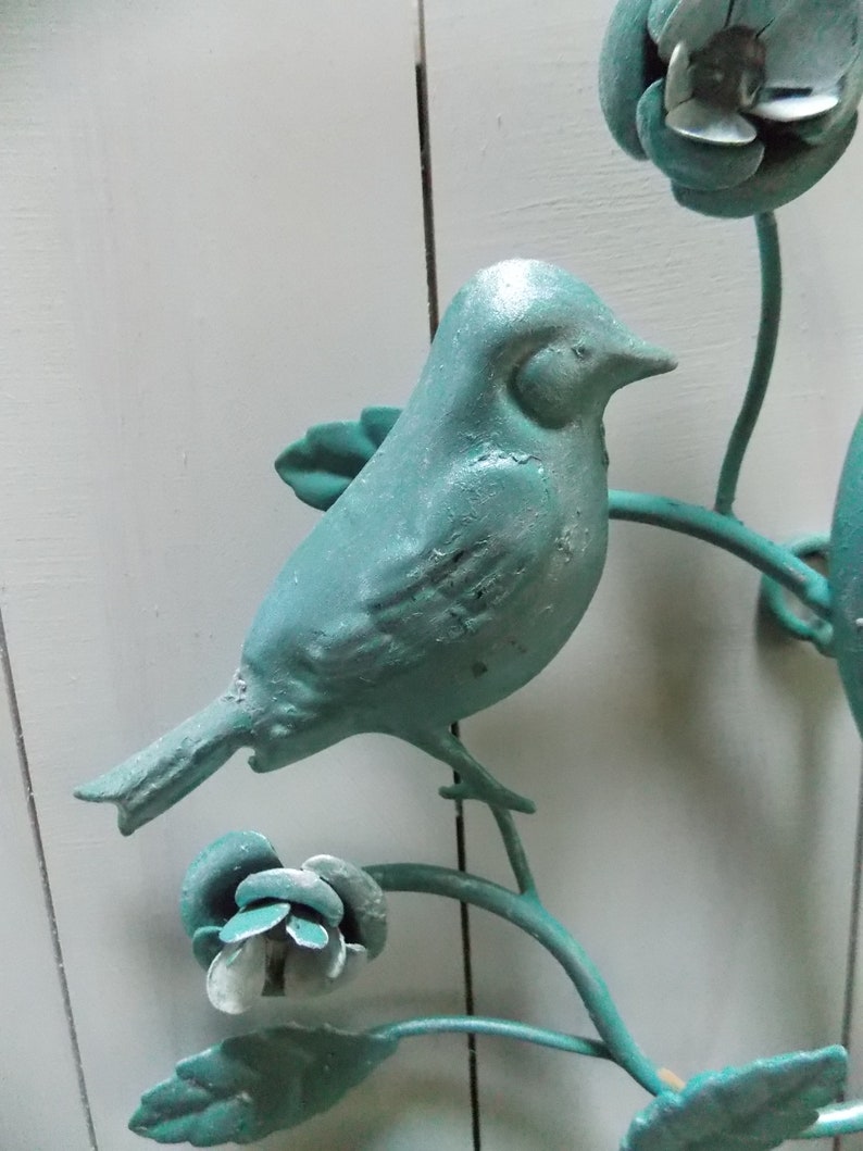 Exclusive Bird Metal Art Removabl Shelf . Hand Painted Kitchen Bath Storage Wood COUNTER CABINET STORAGE Turquoise Interior