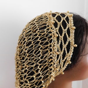 Gold Beaded Metallic Snood Hair Net Head Covering | Fits Most | Double Stranded GOLD sequins | Exclusive Shop Pattern | Very High Sparkles