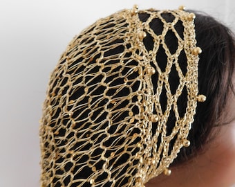 Beaded Metallic Snood Hair Net Head Covering . Double Stranded GOLD sequin . Fits Most . Exclusive Pattern . High Sparkles .