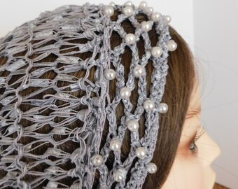 Medium Gray/Darker Gray Band . Permanent Pearls . Hair Net SNOOD Head Cover . Fits Most . Double Stranded . Specialty . Stunning! Exclusive
