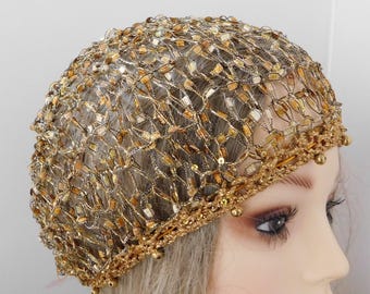 EXCLUSIVE Sparkly Fashion Beanie + Hippah . Double Stranded . Gold Bead  Handknit Lace . Unique . Stunner!  USA