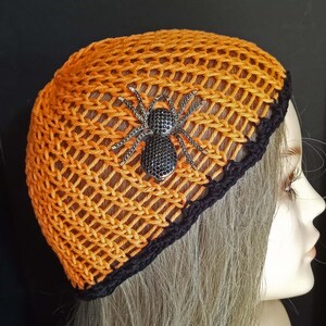 Halloween Beanie Cap | Removable Big Black Spider Clip | Several Colors | Hair Control | 100% Handknit Cotton Fishnet Lace |  More Below**