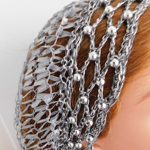 SALE ! Gray Beaded Snood Hair Net Head Cover . Fits Most . Silver Beads . Handmade Lace . Head Wrap . Exclusive Shop Pattern . OOAK USA