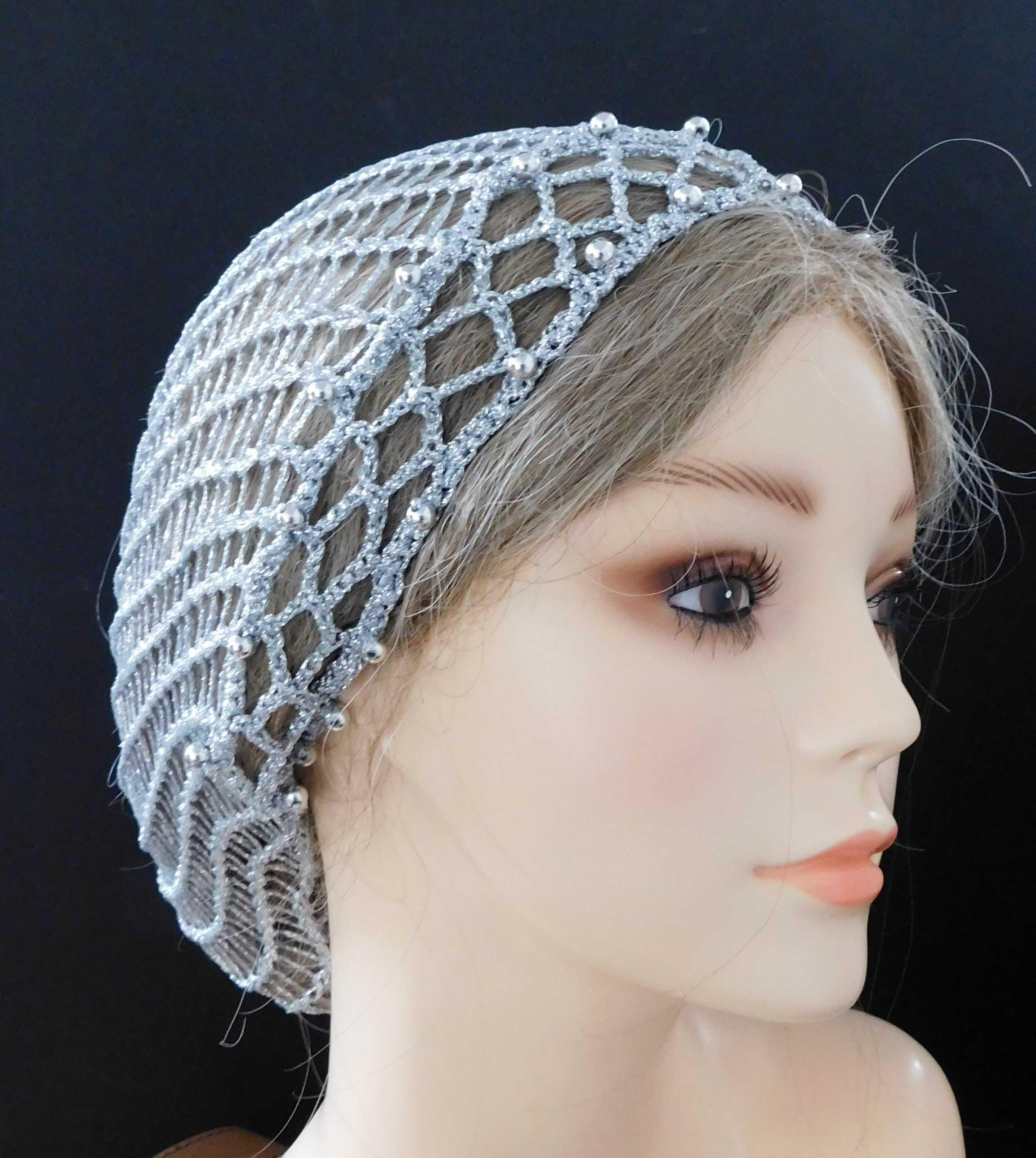 SPARKLY Metallic Silver Snood Hair Net Head Cover . Fits Most . Silver beads . Adjustable Elastic . Handmade Lace . Boho . Vintage Made USA