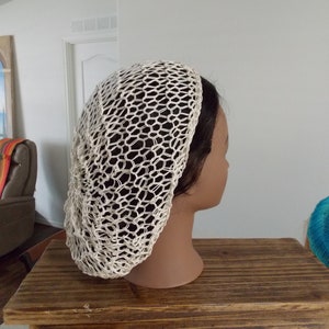 Lacy IVORY Hair Net Snood Head Covering . Fits Most . Reversible (2 Patterns) and Adjustable Double Stranded 100%  Cotton .  Exclusive