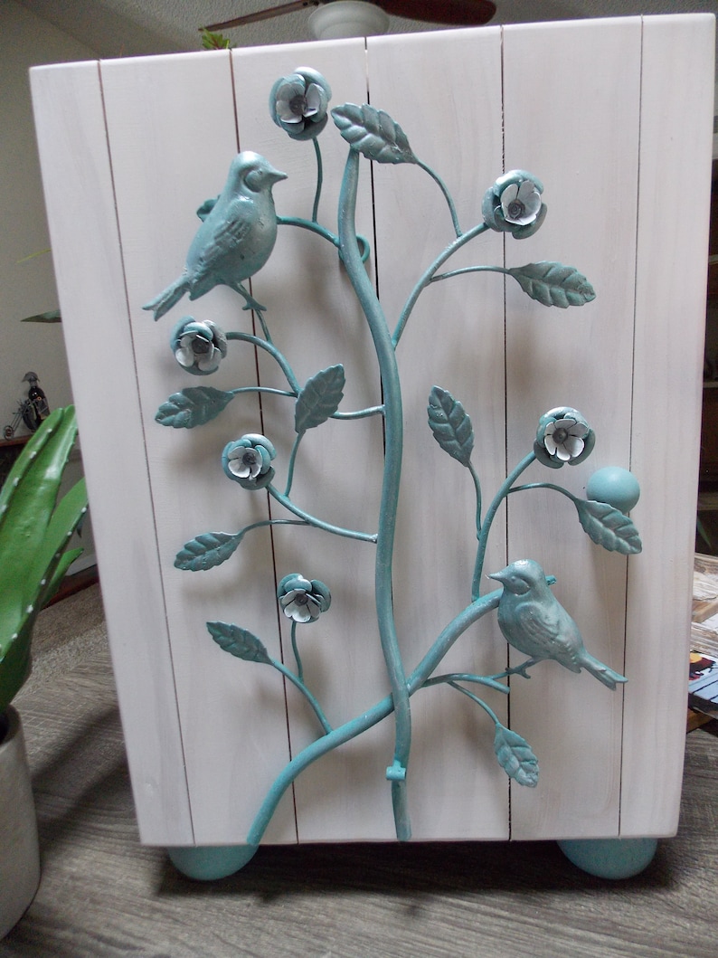 Exclusive Bird Metal Art Removabl Shelf . Hand Painted Kitchen Bath Storage Wood COUNTER CABINET STORAGE Turquoise Interior