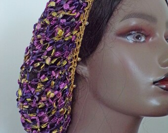 Exclusive .  Fits Most . Fitted Lacy Purple Magenta Yellow Gold Metallic Sequins + Gold Beads . Hair Snood Net Head Covering . STUNNING! USA