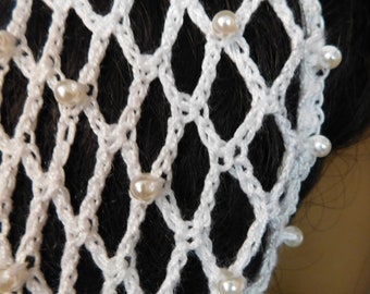 SALE !!!   WHITE Crocheted PEARL Hair Snood Head Cover . Adjustable . Double Stranded Cotton . Fits Most . Great for Layering