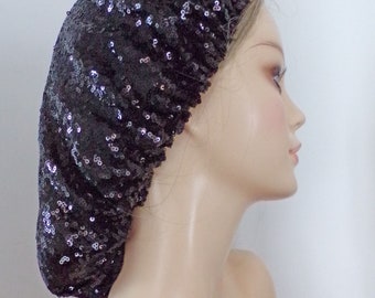 STUNNING BLACK SEQUIN Lace Fashion Hair Net Snood!!! Amazing!  Fits Most . Exclusive . Fitted Head Cover . Adjustable!