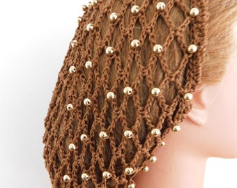 GOLD BEADED BROWN Snood Hair Net . Totally Adjustable . Cotton . Fits Most .  Control/Accent . Exclusive