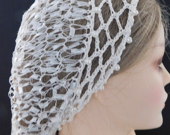 EXCLUSIVE Off-White PEARL Hair Net Snood Head Cover . Fits Most . Adjustable Elastic . Specialty Accent . Handmade Lace | Made USA